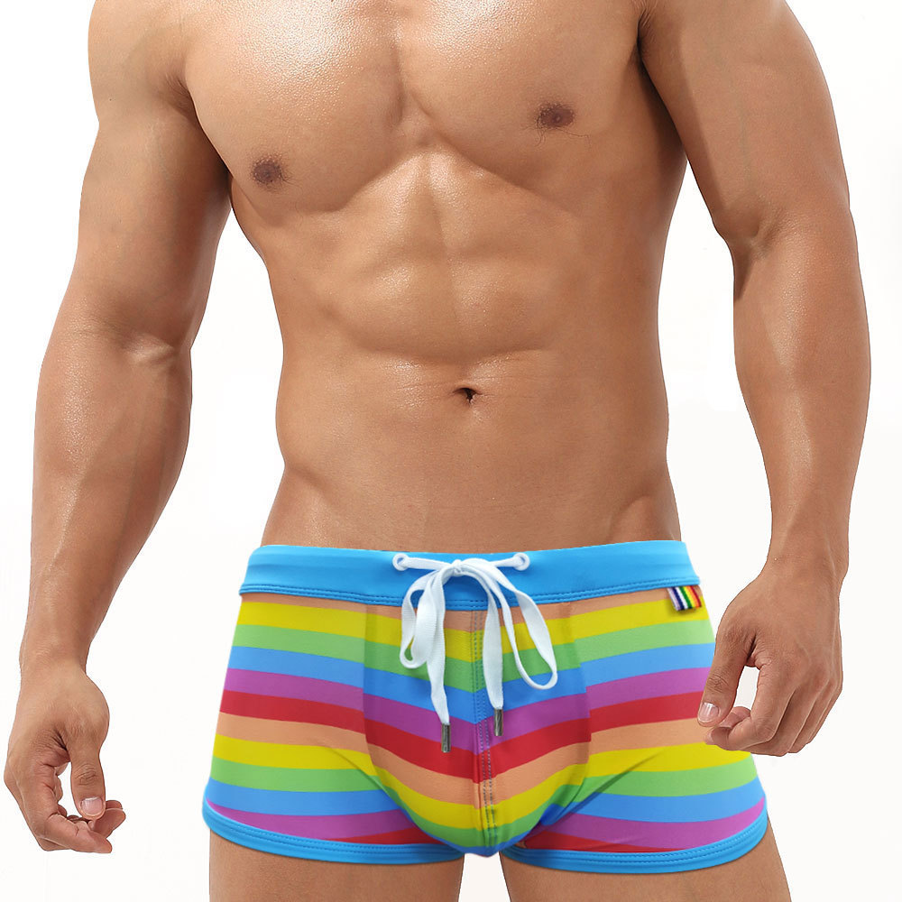 Trunk Breathable Men - Rainbow Striped Men's Swimming Trunks Quick
